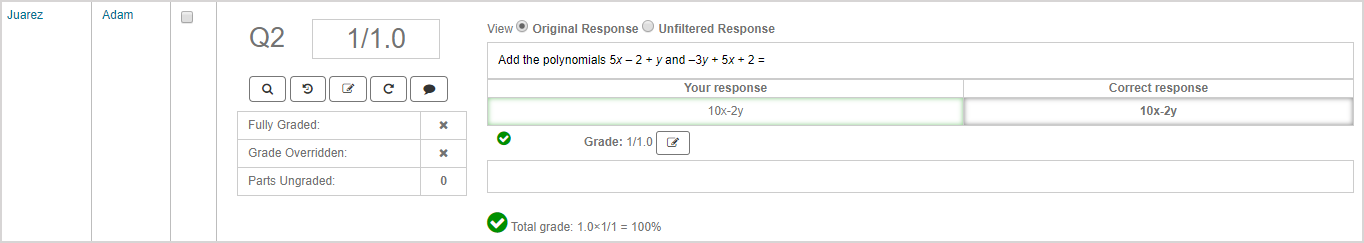Sample quesiton pane that shows a student's grade, response, correct answer, and other grading functions.